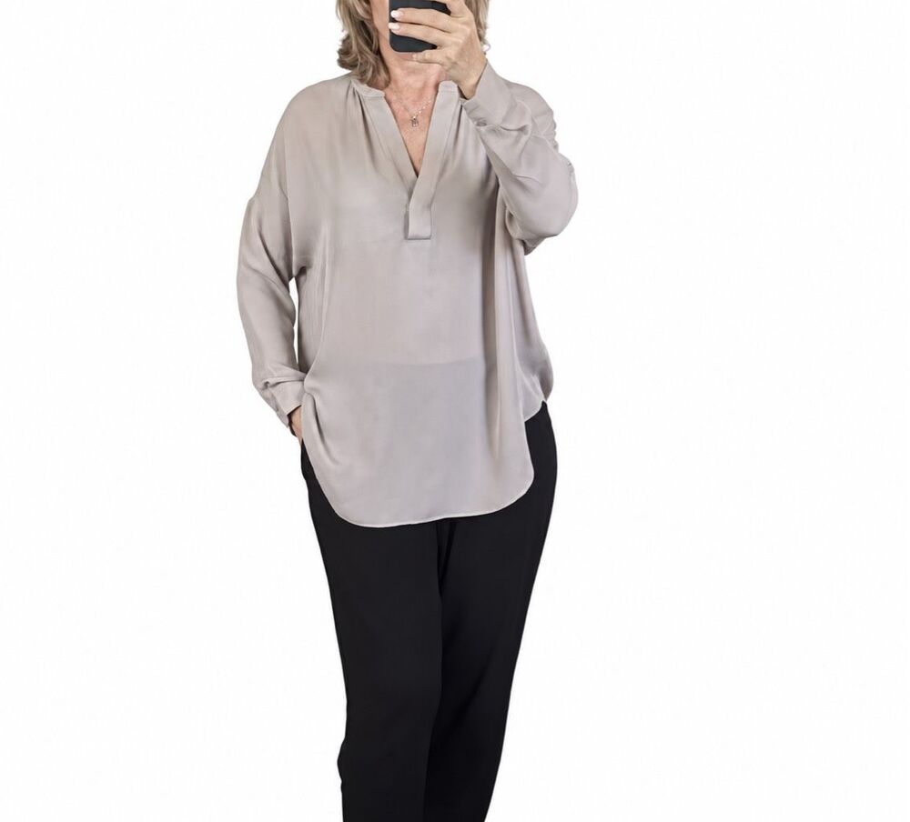 Acrobat Gray 100% Silk Relaxed Fit Long Sleeve Blouse Size S